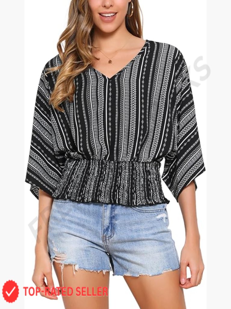Boho Chiffon Blouse V Neck Smocked Waist Dolman Sleeve Summer Tops Geometric